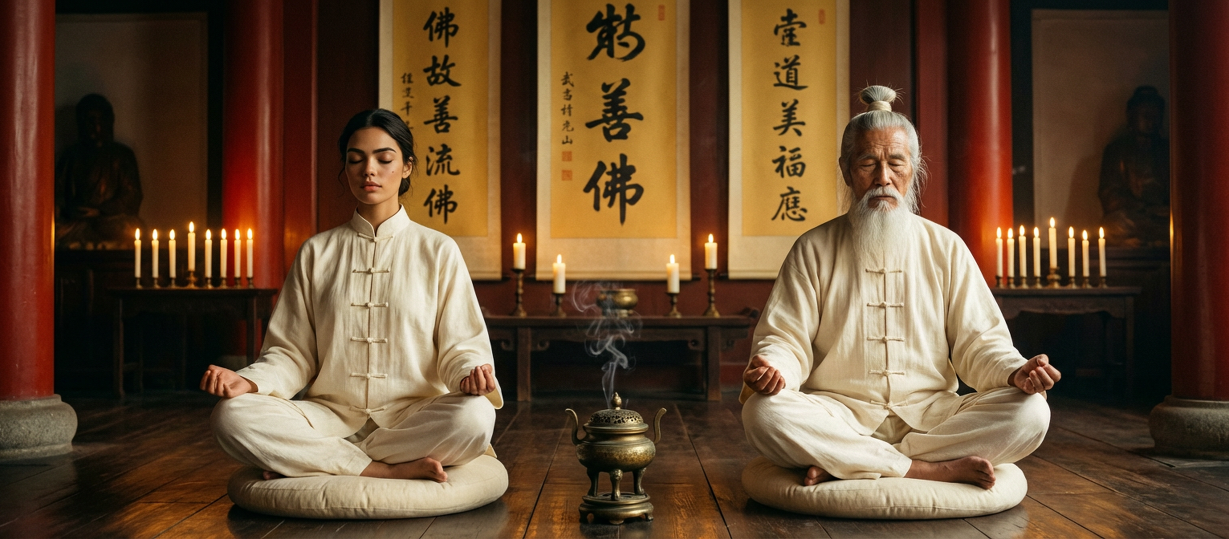 Amara Laurent and Shifu Bai in dual meditation at Wudang temple