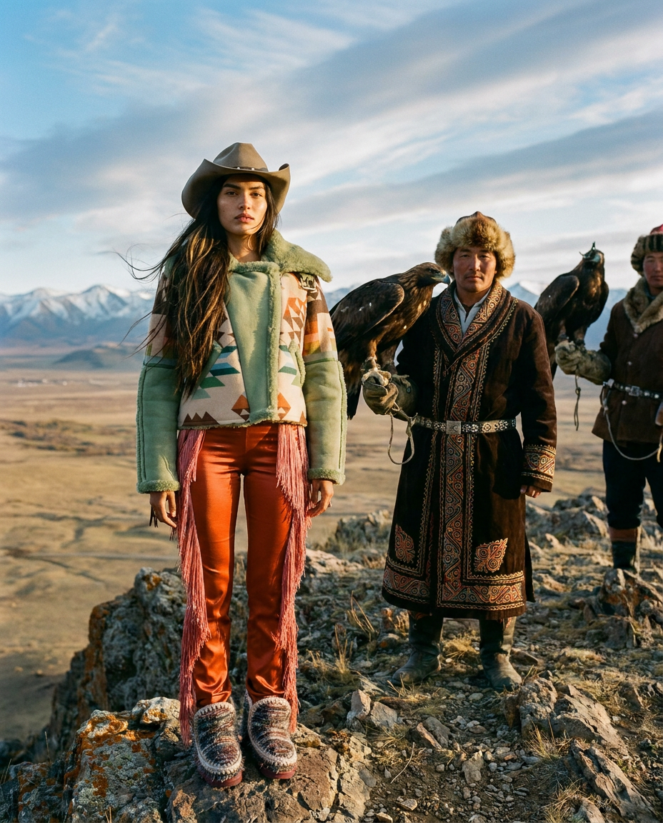 Mongolian cliff with eagle hunters