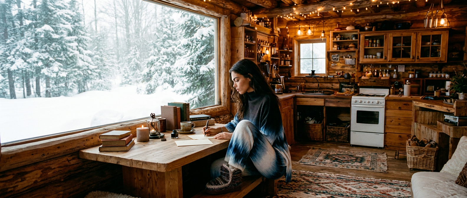 Amara Laurent writing a letter by hand in an Alps log cabin